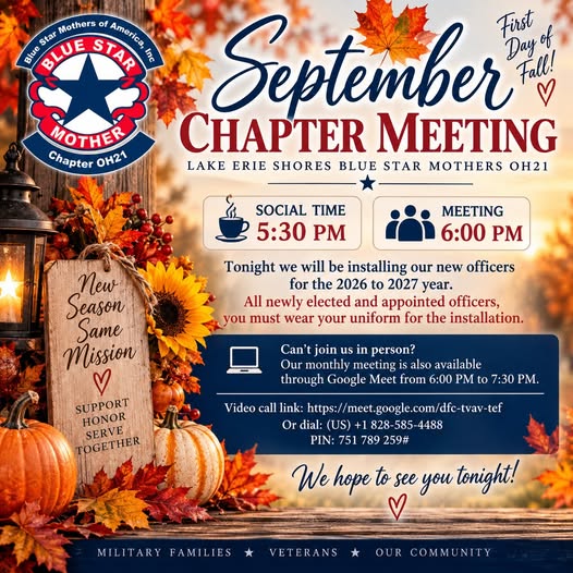 Flyer for Monthly Chapter Meeting — Lake Erie Shores Blue Star Mothers OH21